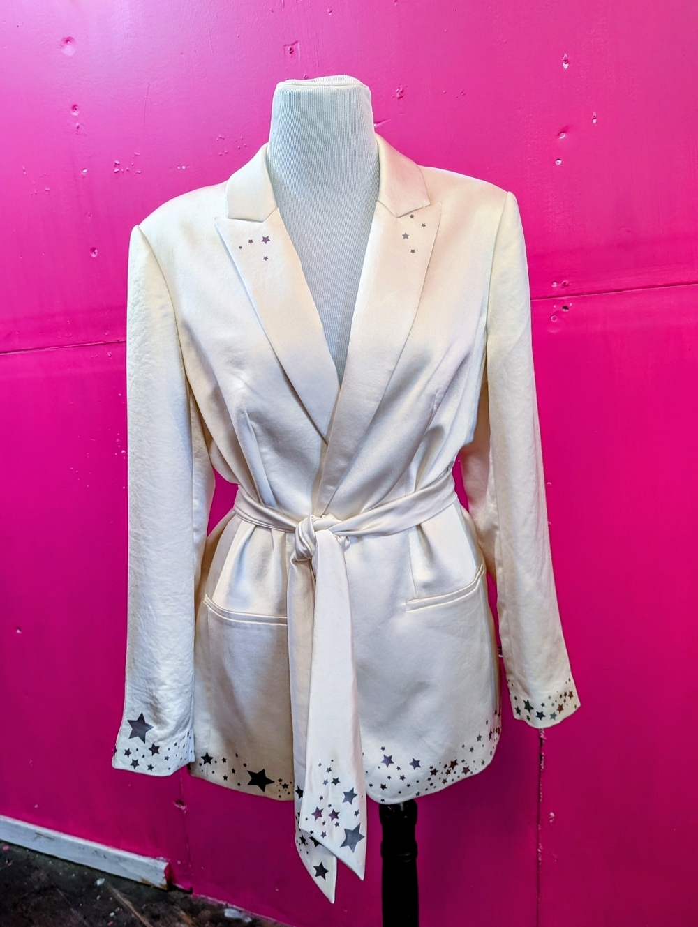 SOLD Satin Blazer XL Express Cream Satin Upcycled Star Blazer XL